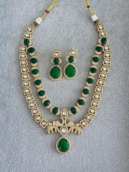 Green Victorian Moissanite Polki CZ Diamond Layered Necklace