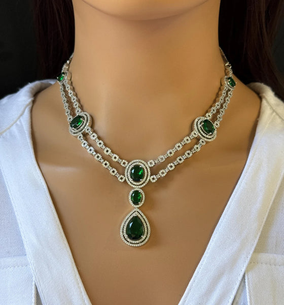 Emerald CZ diamond necklace and earring Set