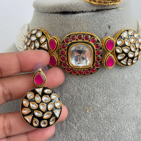 Hot Pink Pearl Kundan Choker Set