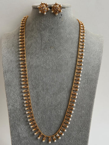 Long Gold Plated Polki Pearl Mala Necklace