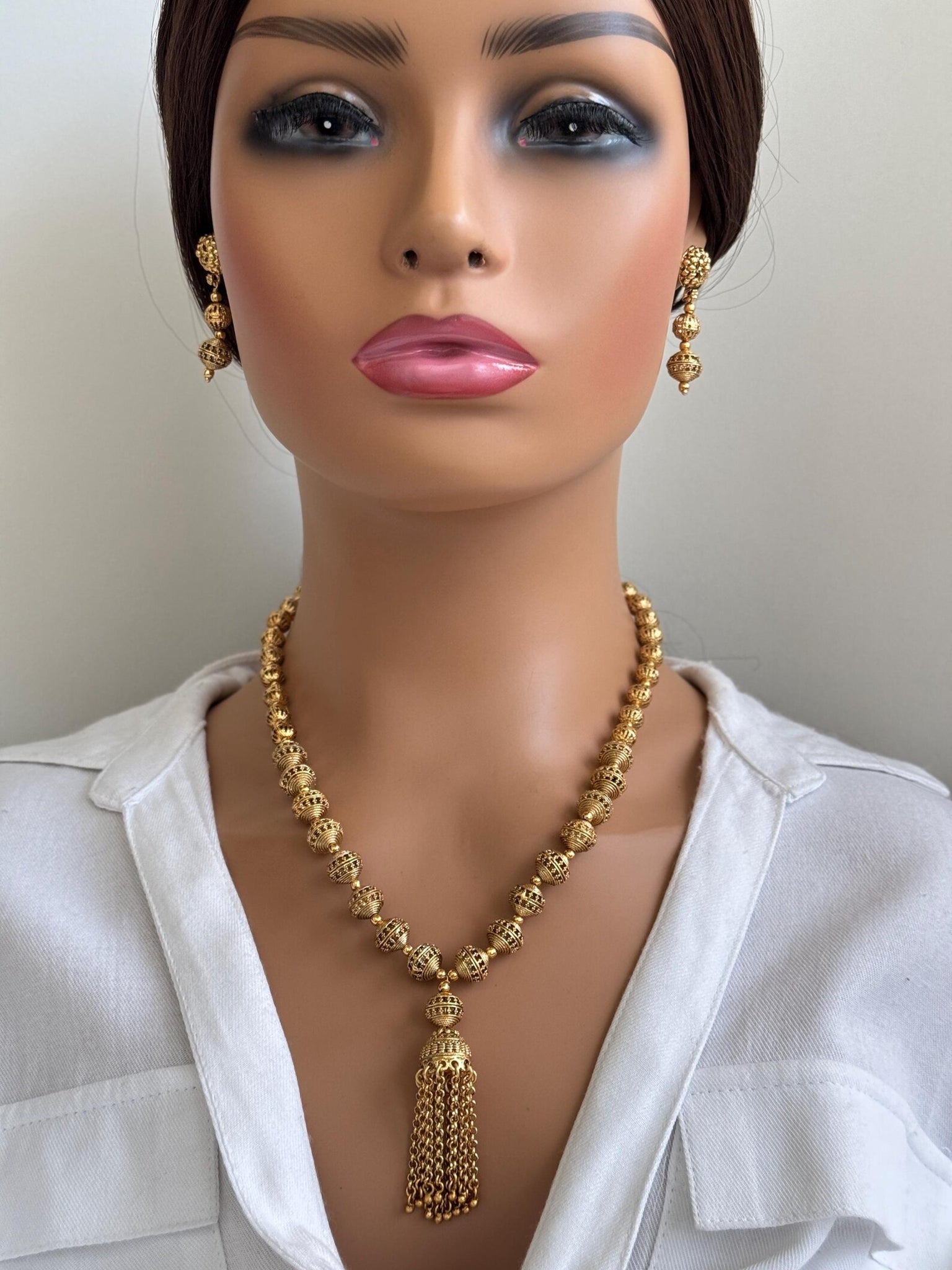 Antique Matar Mala Necklace with Earrings with Gold Plating