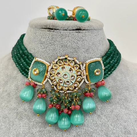 Mint Rajwadi Jaipuri Kundan Meenakari Necklace Set