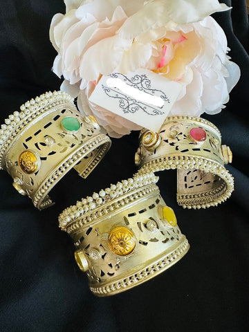 Silver Kundan pearl adjustable kadas cuffs