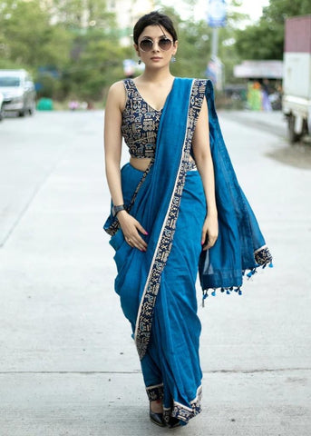 ROYAL BLUE COTTON SAREE WITH ANIMAL PRINT BORDER AND FISH PAINTED MOTIF