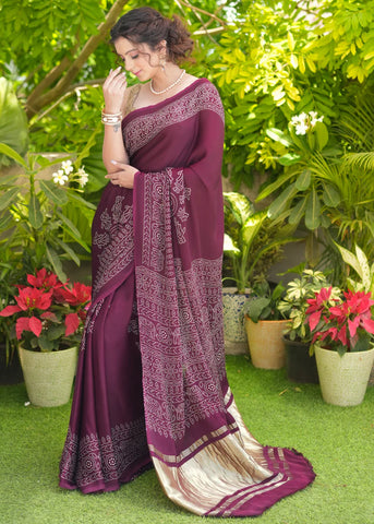 PURPLE WINE MODAL SILK SAREE WITH TISSUE PALLU