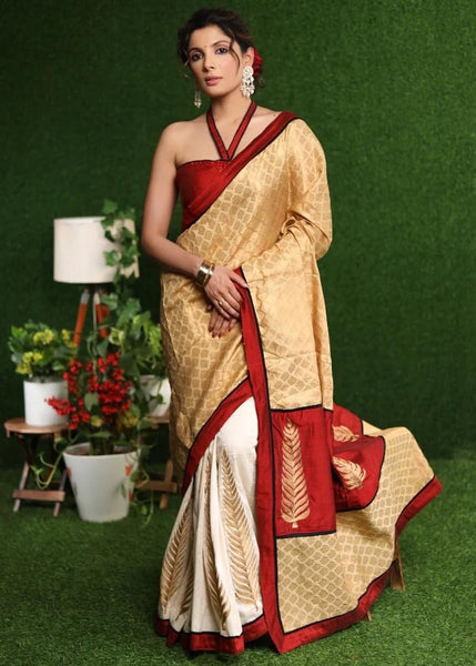 OFF-WHITE COTTON SILK WITH GOLD BROCADE SAREE & ZARI MOTIF ON PLEATS