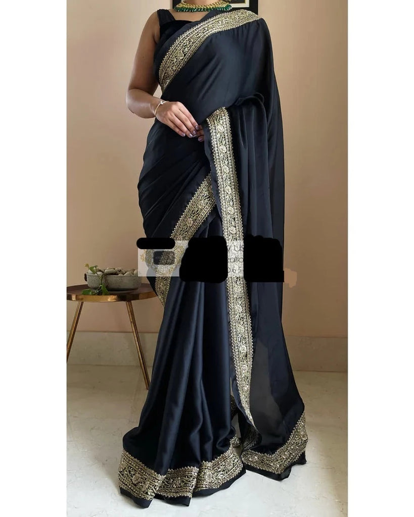 Black Designer Silk Crepe Readymade Saree