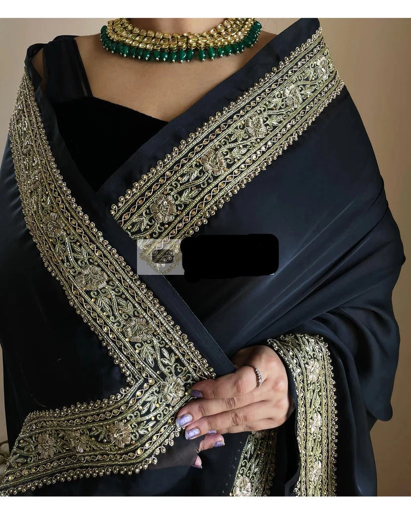 Handmade Zardosi Panel Asymmetric Saree with Full Sleeve Blouse and Me –  Wear.Style