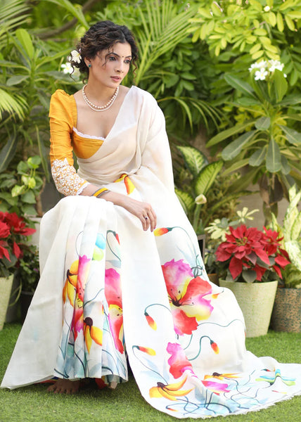 WHITE PURE SILK HAND PAINTED SAREE WITH FLORAL MOTIF