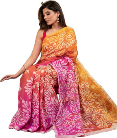 Orange and Pink DYED EXCLUSIVE HAND BATIK COTTON SAREE