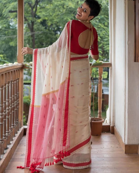 Off White Red Border Mulmul Cotton Onam Saree