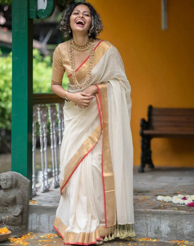 Soft Cream Color Mulmul Cotton Saree