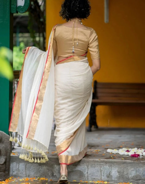 Lovely Cream Mul Zari Saree With Red And Gold Border