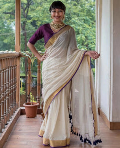 Soft And Lightweight Off-white Mul Cotton Saree