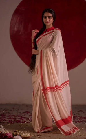 Red And White Mulmul Cotton Laal Paar Saree