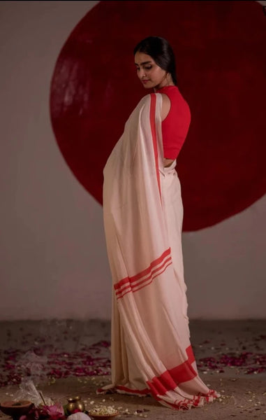 Red And White Mulmul Cotton Laal Paar Saree