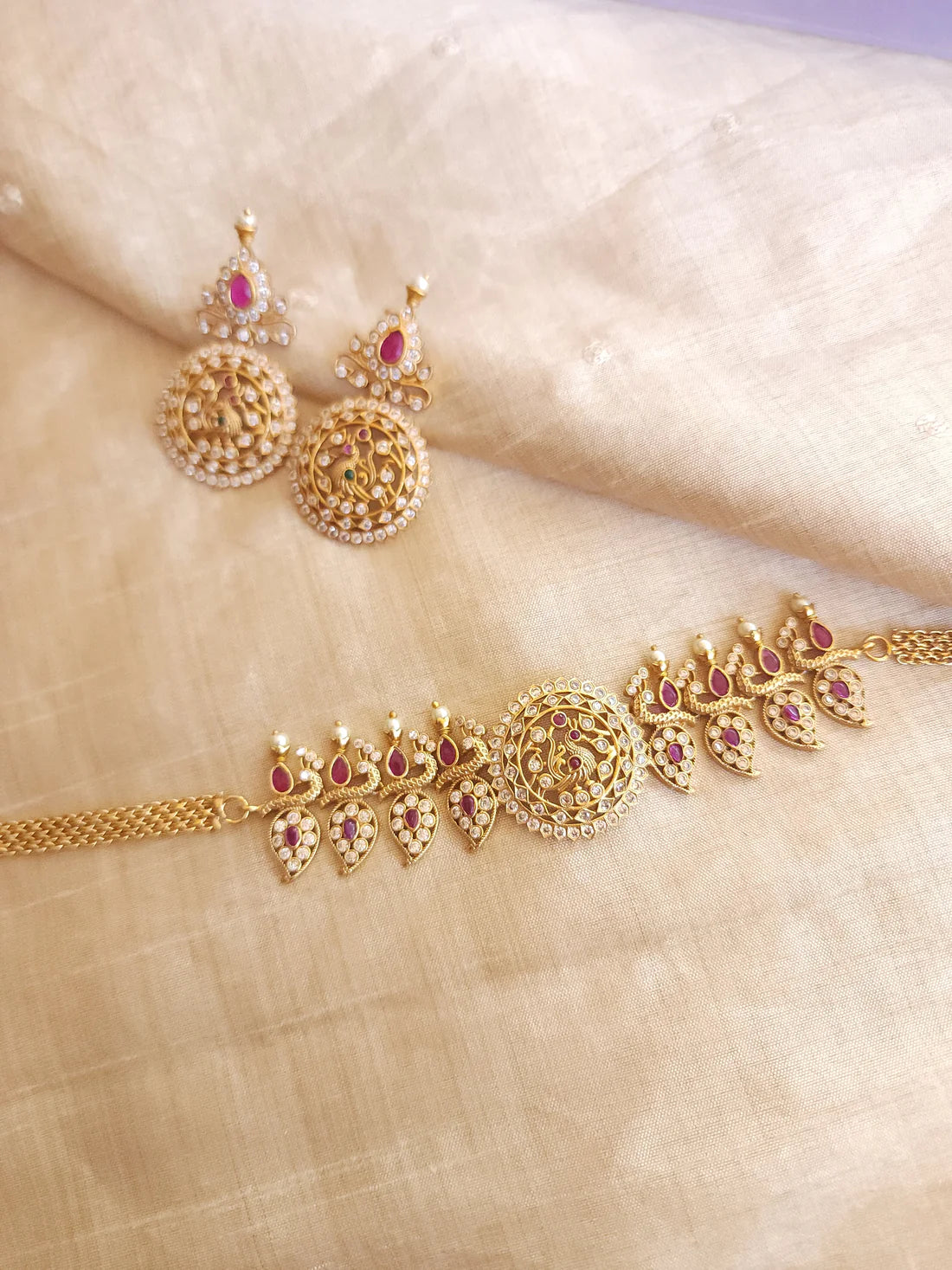 Ruby and CZ goldplated choker necklace set