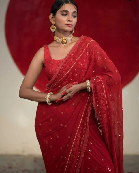 Red Viscose Georgette Embroidery Saree With Sequins And Lace