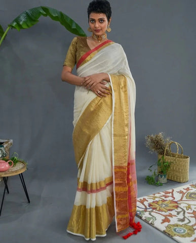 Gorgeous Off-white Cotton Zari Saree With Gold and Red Embellishments