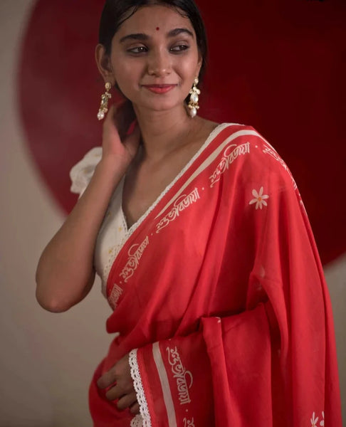 Red Mulmul Cotton Saree With White Lace Border