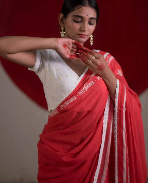 Red Mulmul Cotton Saree With White Lace Border