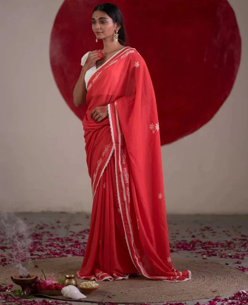 Red Mulmul Cotton Saree With White Lace Border