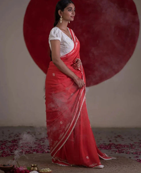 Red Mulmul Cotton Saree With White Lace Border