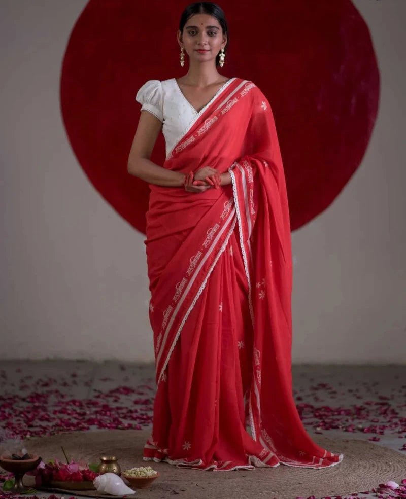 Red Mulmul Cotton Saree With White Lace Border