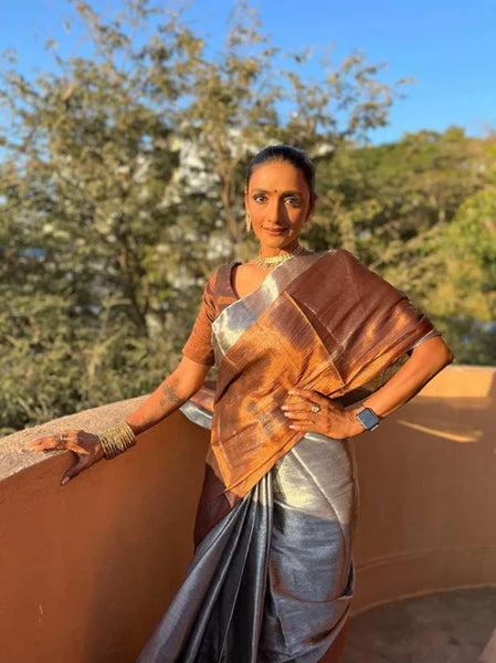 Silver And Copper Handloom Tissue Saree