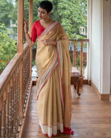 Golden Red Border Cotton Zari Onam Saree