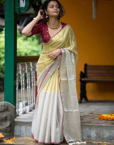 Exquisite Golden Mul Cotton and Zari Saree