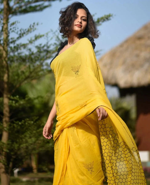 Yellow Soft Mulmul Cotton Saree With Tassels