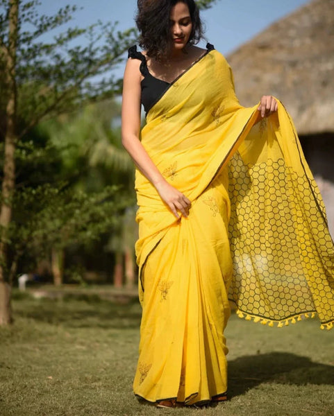 Yellow Soft Mulmul Cotton Saree With Tassels