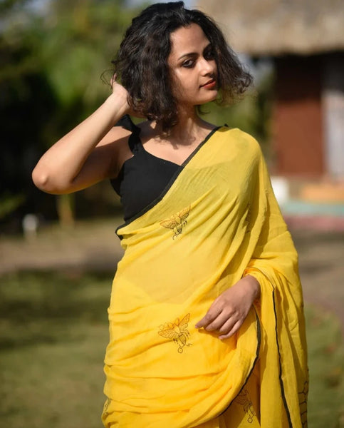 Yellow Soft Mulmul Cotton Saree With Tassels