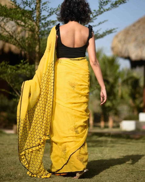 Yellow Soft Mulmul Cotton Saree With Tassels