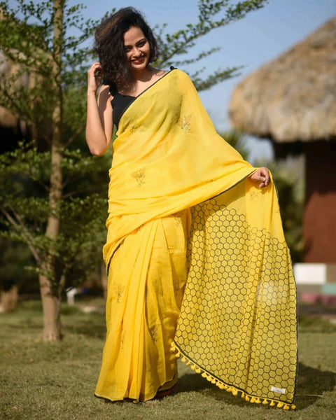 Yellow Soft Mulmul Cotton Saree With Tassels