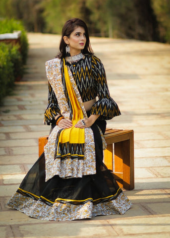 BLACK CHANDERI SAREE WITH BLOCK PRINTED BORDER