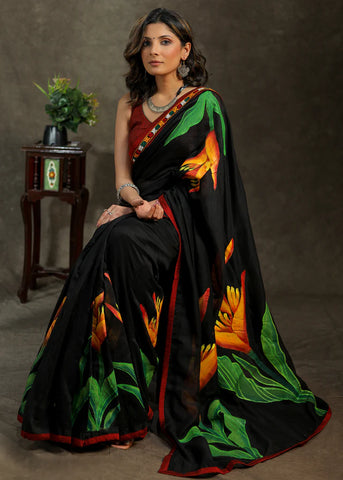 COTTON BLACK HAND PAINTED SAREE WITH MIRROR WORK BORDER