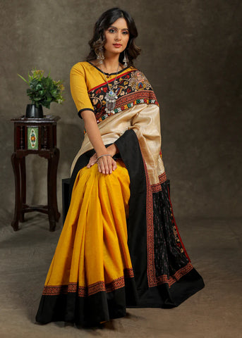 COTTON MUSTARD AND CREME SAREE WITH BLACK COTTON IKKAT PALLU AND KALAMKARI BORDER