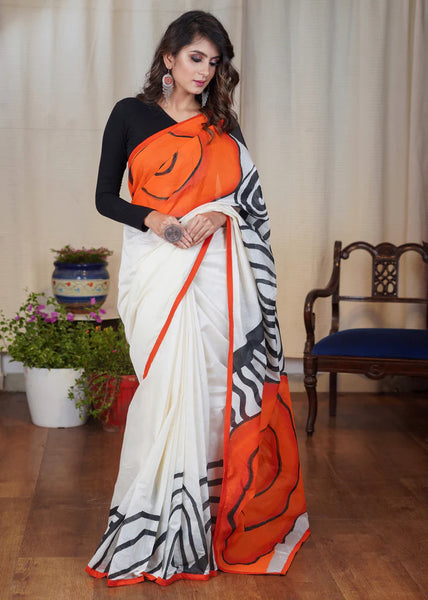 WHITE CHANDERI SAREE WITH ELEGANT ORANGE ROSE HAND PAINTING