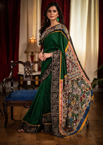 FOREST GREEN SATIN SAREE WITH HAND PAINTED KALAMKARI PALLU