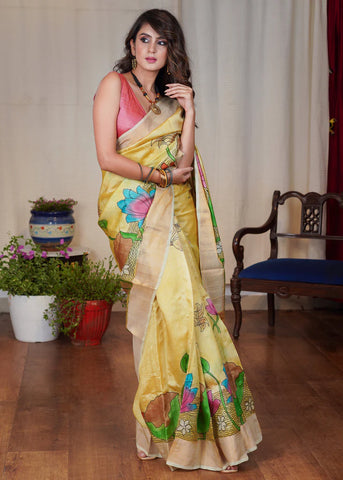 PURE SILK HAND BATIK MUSTARD YELLOW SAREE