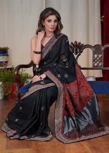 TISSUE MIX BLACK SAREE WITH ALL OVER EMBROIDERY AND AJRAKH COMBINATION PALLU