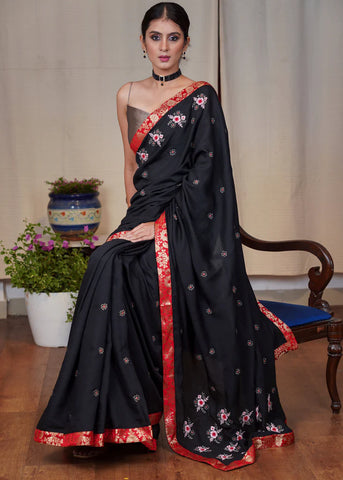 BLACK SEMI SILK WITH BEAUTIFUL OVERALL EMBROIDERY AND RED BENARASI BORDER