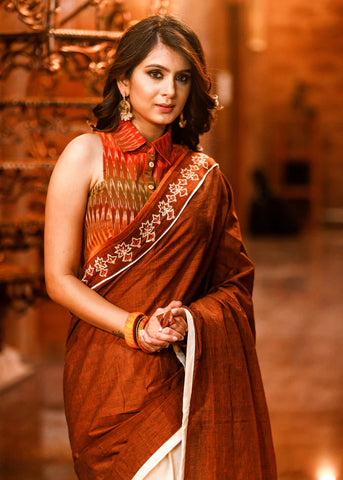 RUST & OFFWHITE COMBINATION COTTON SAREE WITH EMBROIDERED MOTIFS