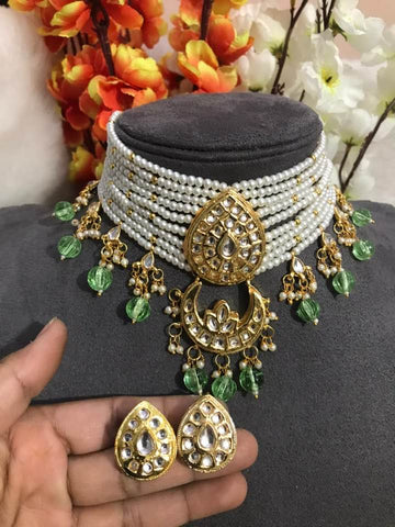 Multistrand Pearl Kundan Choker with matching Earrings