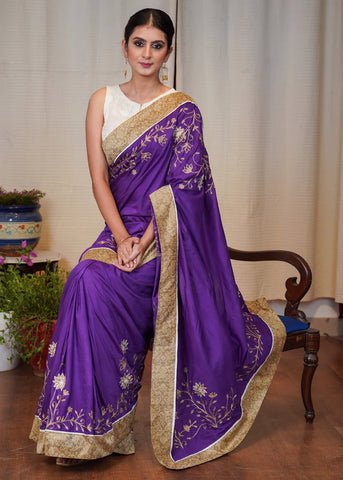 PURPLE ASSAM SILK SAREE WITH DELICATE EMBROIDERY AND GOLDEN BANARASI BORDER