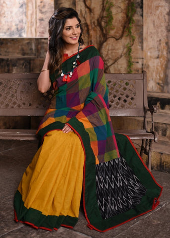 EXCLUSIVE CHEQURED COTTON SAREE WITH YELLOW HANDLOOM COTTON PLEATS & IKAT PALLU