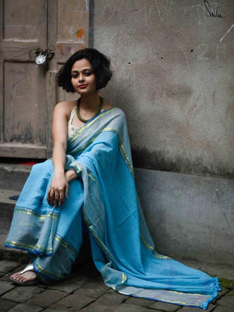 Light Turquoise Blue Hand Woven Lucknowi Cotton Saree – zarikaariindia.com