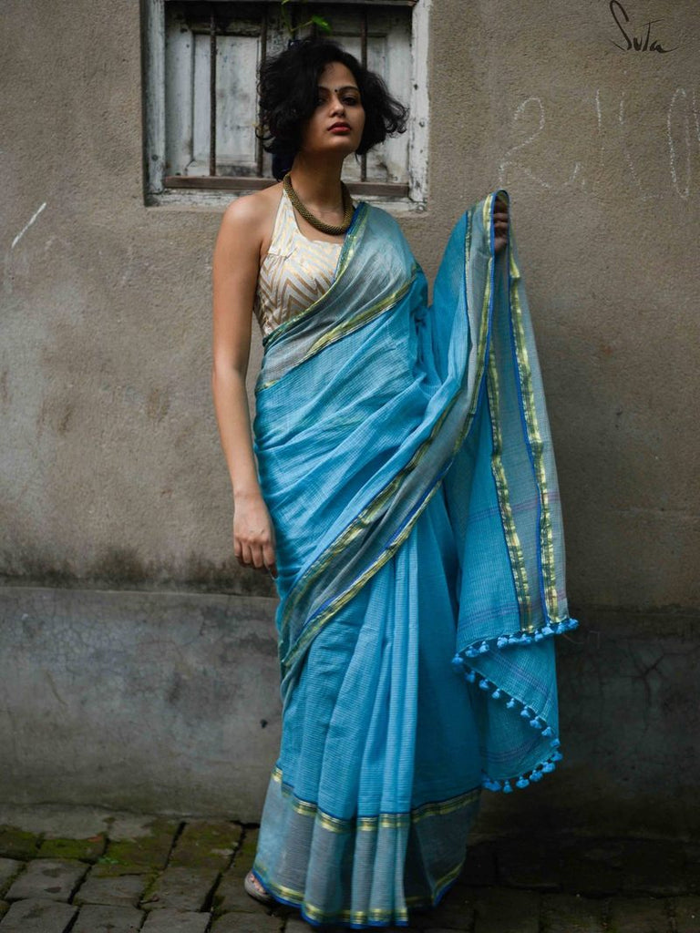 Handloom Mul Cotton Block Print Saree-White & Sky Blue